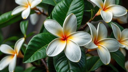 Fototapeta premium plumeria flowers with white petals and orange centers surrounded by green leaves in natural sunlight