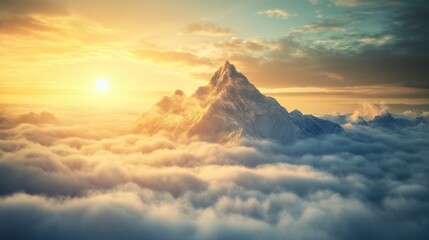 Create a breathtaking image of a mountain peak emerging from a sea of clouds, with golden sunrise light illuminating the mist-covered landscape."