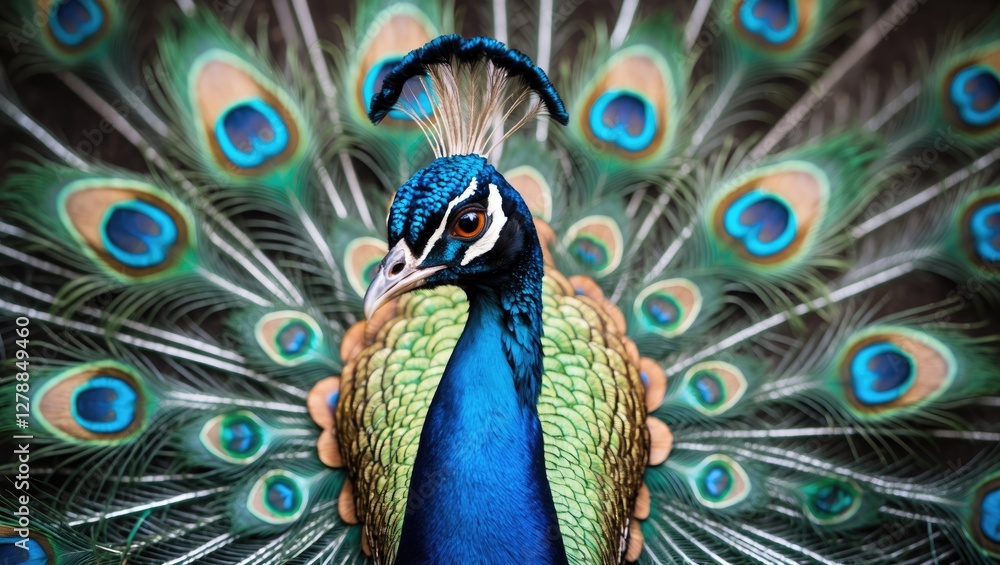 Poster peacock displaying vibrant plumage with intricate patterns and colorful feathers in natural setting