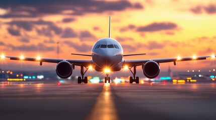 Airport runway with landing lights Concept, Vibrant Evening Scene of Airplane Landing Under Glowing Runway Lights with Dramatic Sky Colors