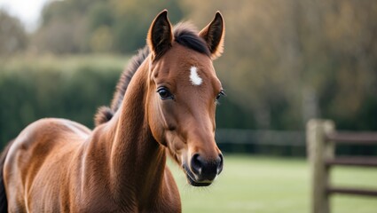Brown horse standing in a green pasture with blurred background and wooden fence under natural light