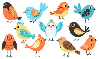 Hand drawn collection of colorful spring birds in a bright, funny and childish style. Vibrant and cheerful illustration, perfect for seasonal designs, nature themes, and decorative elements.