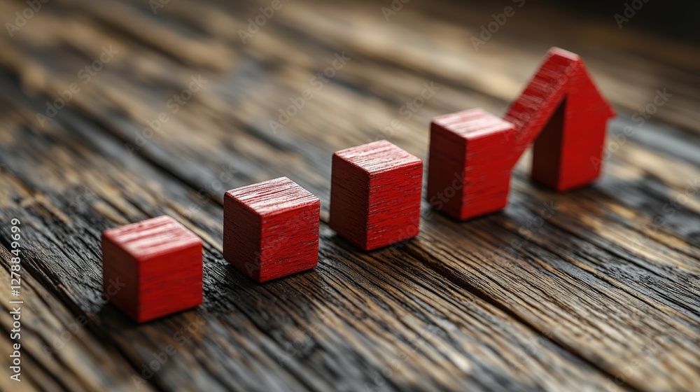 Poster red wooden blocks arranged in a growth pattern leading to a house shape on a rustic wooden surface