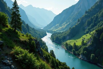 Fototapeta premium River flowing through a narrow mountain valley, landscape, forests, valleys