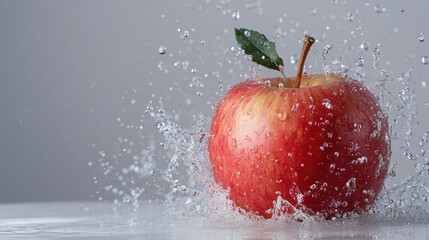 Fresh apple levitating with dynamic water splashes surrounding them, set against a light grey background, isolated with copy space