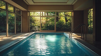 A calm indoor swimming pool, with sparkling water and a ladder, evokes a serene atmosphere. 