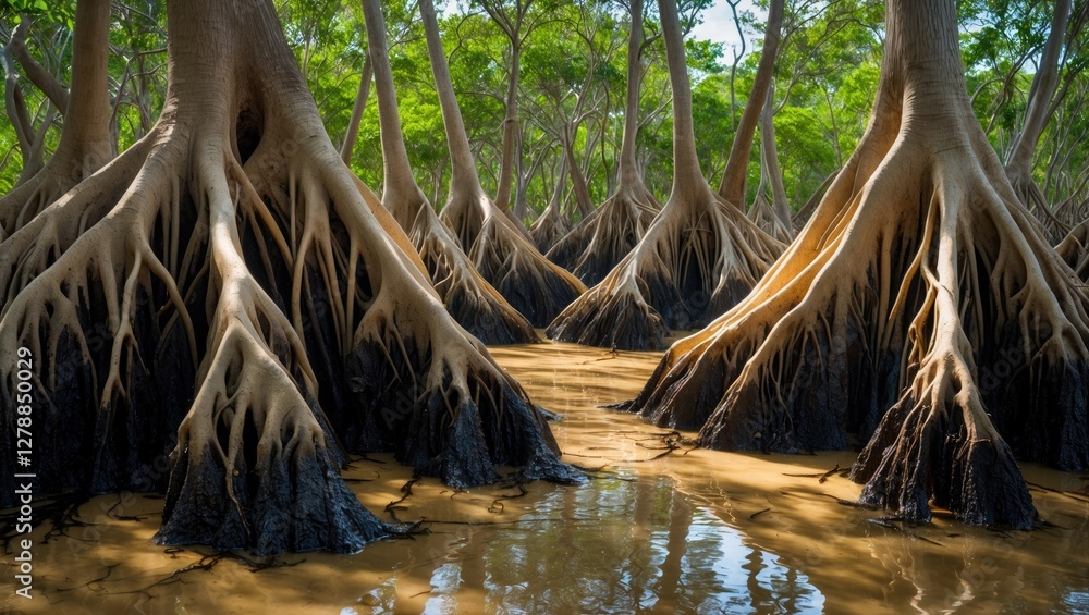 Poster mangrove forest with detailed root structure above water creating a unique ecosystem in a tropical e