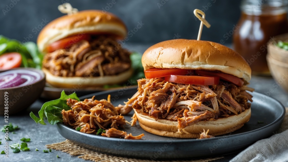 Poster pulled pork sandwiches with shredded meat, tomato slices, and fresh vegetables on a rustic table set