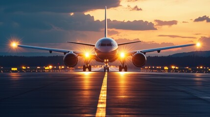 Airport runway with landing lights Concept, Airplane on Runway at Dusk with Bright Lights and Shadows, Capturing Serenity in Aviation Scene