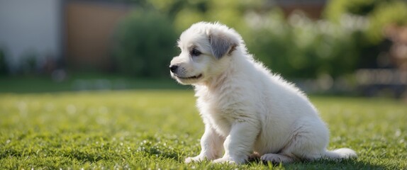Fluffy white puppy sitting on green grass in a sunny outdoor setting with soft focus background and natural lighting