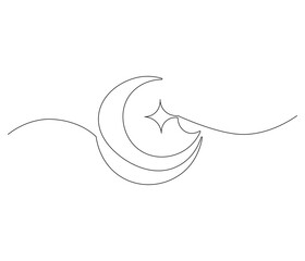 Continuous one line drawing of Star and Crescent moon. Single line drawing illustration of Islamic symbol. Ramadan kareem concept vector art. Doodle line illustration.