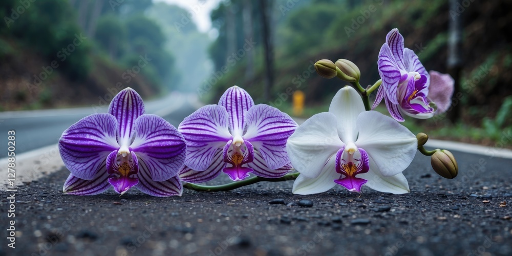 Poster orchids of various colors arranged on a rural road with blurred trees in the background during dayti