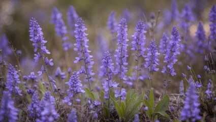 Obraz premium Field of vibrant purple wildflowers in bloom with green foliage in soft focus background. Natural landscape and flora close-up.