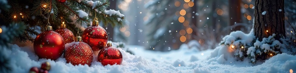 Snowy forest with golden ornaments and velvet drapes, snow, Christmas, velvet