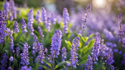 Field of purple flowers with green leaves in natural light creating a colorful and vibrant floral background suitable for nature themes