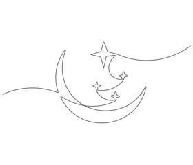 Continuous one line drawing of Star and Crescent moon. Single line drawing illustration of Islamic symbol. Ramadan kareem concept vector art. Doodle line illustration.