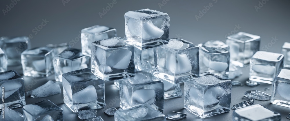 Poster ice cubes with condensation scattered on a surface creating a cold and refreshing atmosphere in a fo