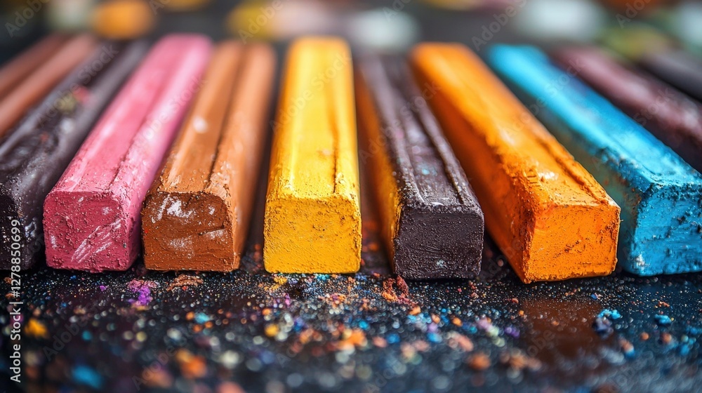 Poster an array of vibrant colored chalk pastels in a close-up shot, capturing a spectrum of artistic possi