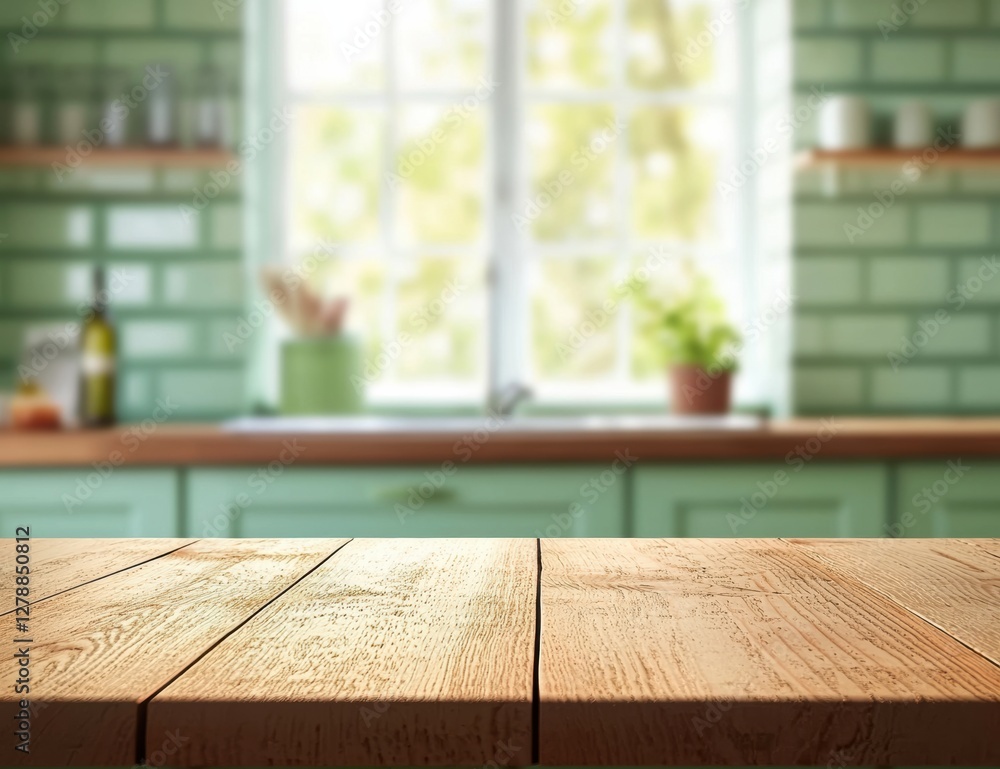 Poster empty wooden table in front of blurred kitchen window background