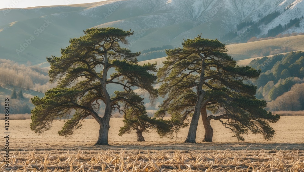 Poster two pine trees in a field with rolling hills in the background during golden hour lighting condition