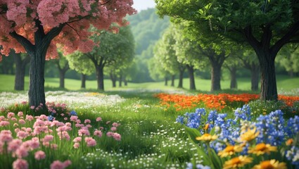 Flowering trees and colorful flowers in a vibrant green landscape during springtime in a scenic park setting