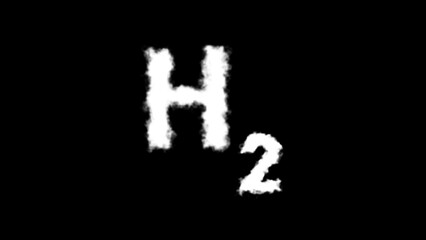 "H₂" or "Hydrogen" molecule symbol appearing with smoke cloud text effects on a black background, representing chemistry, gas, and scientific visualization
