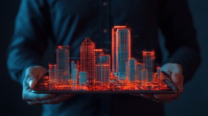 A person holds a glowing 3D holographic city model, showcasing modern skyscrapers with vibrant red outlines against a dark background.