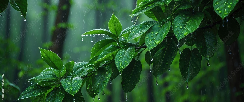 Poster close-up of green leaves with water droplets during rainfall in a forest setting with a blurred back