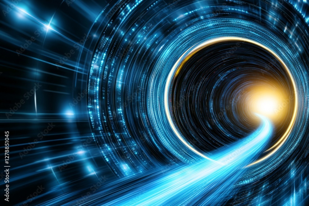 Poster abstract tunnel, corridor with rays of light and new highlights abstract blue background, neon scene