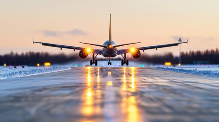 Airport runway with landing lights Concept, Rows of Glowing Landing Lights on Snow Dusted Runway with Airplane Preparing for Departure at Sunset