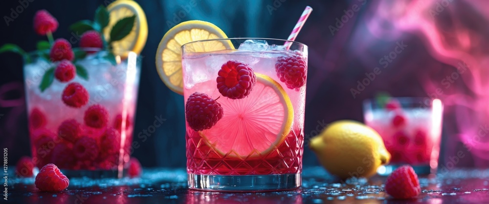 Wall mural Refreshing fruit cocktails with raspberries, lemon slices, ice cubes served in crystal glasses against a colorful background