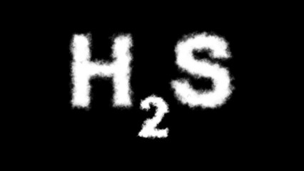 "H₂S" or "Hydrogen Sulfide" molecule symbol appearing with smoke cloud text effects on a black background, representing chemistry, toxic gas, and scientific visualization