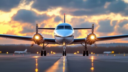 Airport runway with landing lights Concept, Vibrant Evening Scene of Airplane with Lights Reflecting Against Glossy Tarmac at Airport Landing