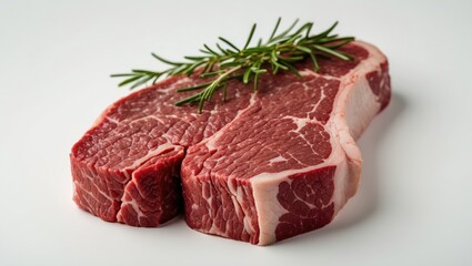 Fototapeta premium Raw beef steak with marbling and sprig of fresh rosemary on white background