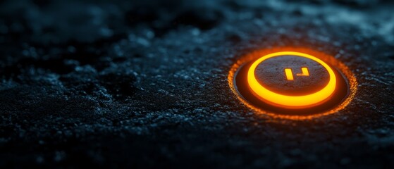 Glowing power symbol embedded in a textured surface, radiating a mysterious, futuristic aura in the darkness.