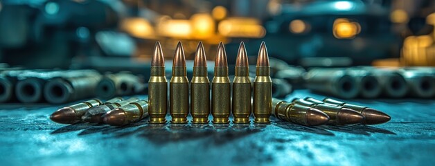 creative composition of bullets on table with blurred industrial background, showcasing metallic textures and focus on ammunition