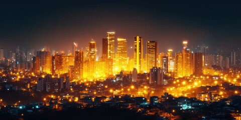 Obraz premium A stunning nighttime cityscape featuring numerous tall skyscrapers illuminated against a dark sky, showcasing urban beauty and architectural design.