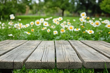 A rustic wooden bench is situated amidst a vibrant field filled with colorful flowers, creating a serene and inviting outdoor scene.