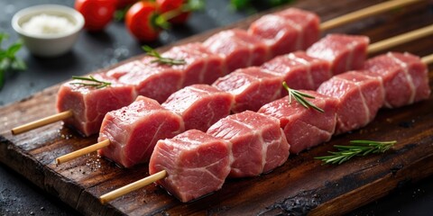 Raw pork skewers neatly arranged on a wooden board with fresh rosemary and cherry tomatoes in the background