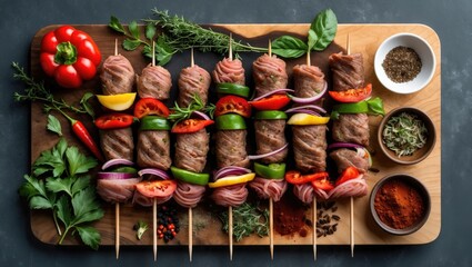 Grilled meat skewers with vegetables arranged on a wooden board with spices and herbs on a dark background
