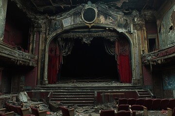 vintage abandoned theater with sinister presence, featuring decaying architecture and tattered red curtains, evokes haunting atmosphere