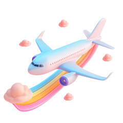 Naklejka premium A 3D cute icon of an airplane with tiny clouds and a rainbow trail, pastel blue and soft pink colors, the airplane is tilted at a playful angle