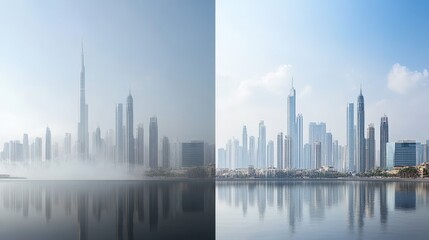 Naklejka premium The city skyline is reflected in the water
