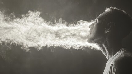 Obraz premium A captivating black and white photo captures a man exhaling smoke, creating a striking contrast and evoking a sense of mystery and introspection.