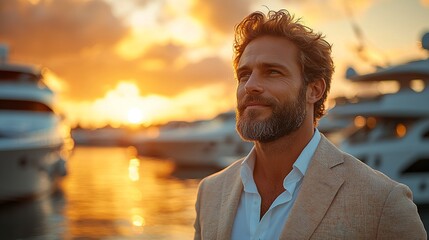 A successful, mature businessman gazes at the sunset over a harbor full of ships, wearing a suit and a contemplative expression. He's content and thoughtful.