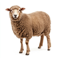 Fototapeta premium Fluffy brown sheep standing on white background