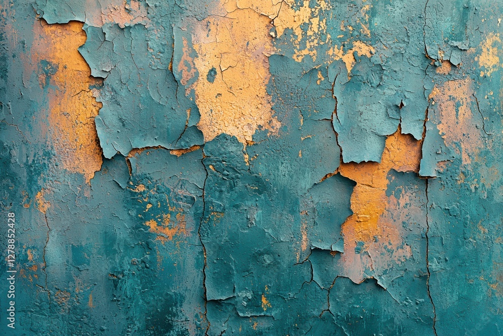 Poster textured wall with peeling blue and orange paint creates abstract pattern, revealing layers beneath.