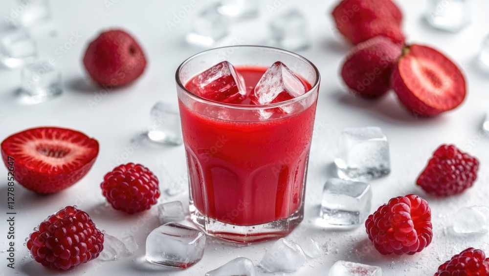 Poster fresh strawberry and raspberry juice in a glass with ice cubes surrounded by whole strawberries and 
