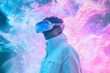Excite white woman playing online game with vr glasses and controllers.Woman is using virtual reality headset.Excited man wearing VR glasses.selective focus of multiethnic students using vr headsset.
