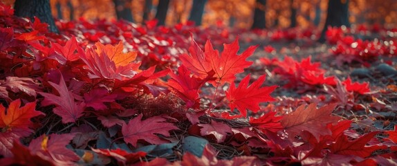 Vibrant red maple leaves covering forest floor during autumn season with blurred background of trees in soft sunlight